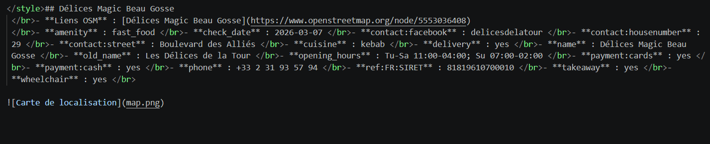 Image du résultat de la requête API affichant une liste de restaurants à proximité
